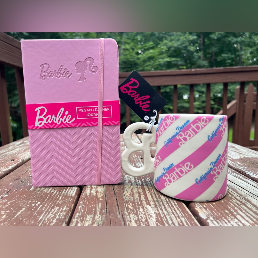 Barbie Pink Lot Mattel Collectors Cup Ceramic 2loz Mug, Vegan Leather Journal